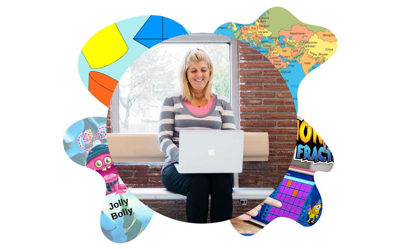 Teacher with a laptop in a classroom setting, with vibrant learning aids for ready-to-use lessons and games.