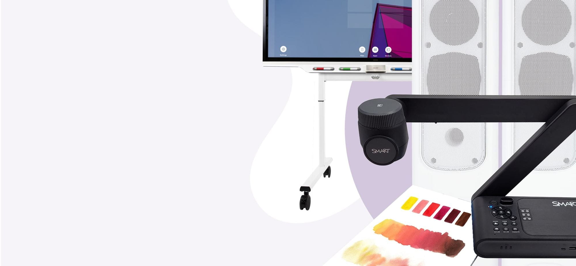 Collection of SMART Board accessories including a mobile stand, speaker system, and a document camera.