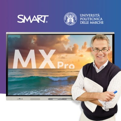 A professor standing in front of a SMART Board MX Series, and above, the SMART and Universita Politecnica Delle Marche appear on a purple and blue gradient background.