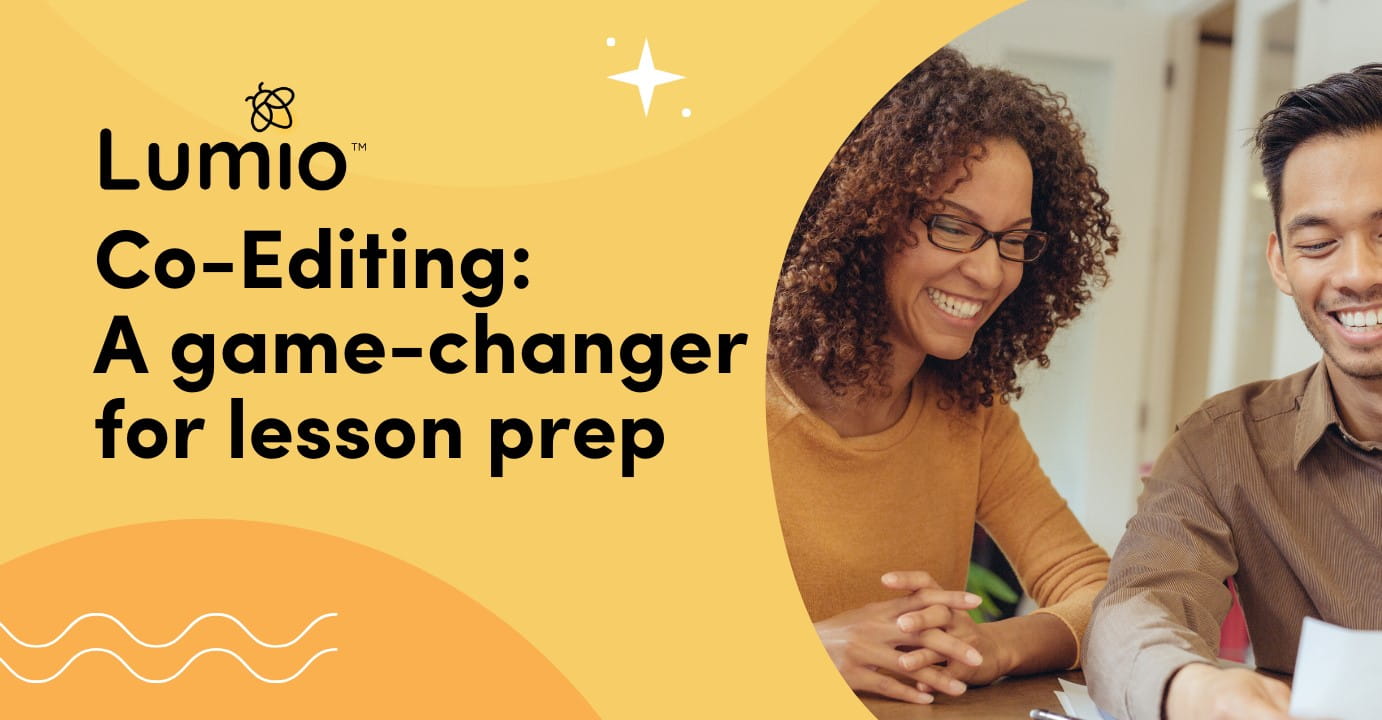 Lumio Co-Editing: A game-changer for lesson prep banner with two smiling professionals.