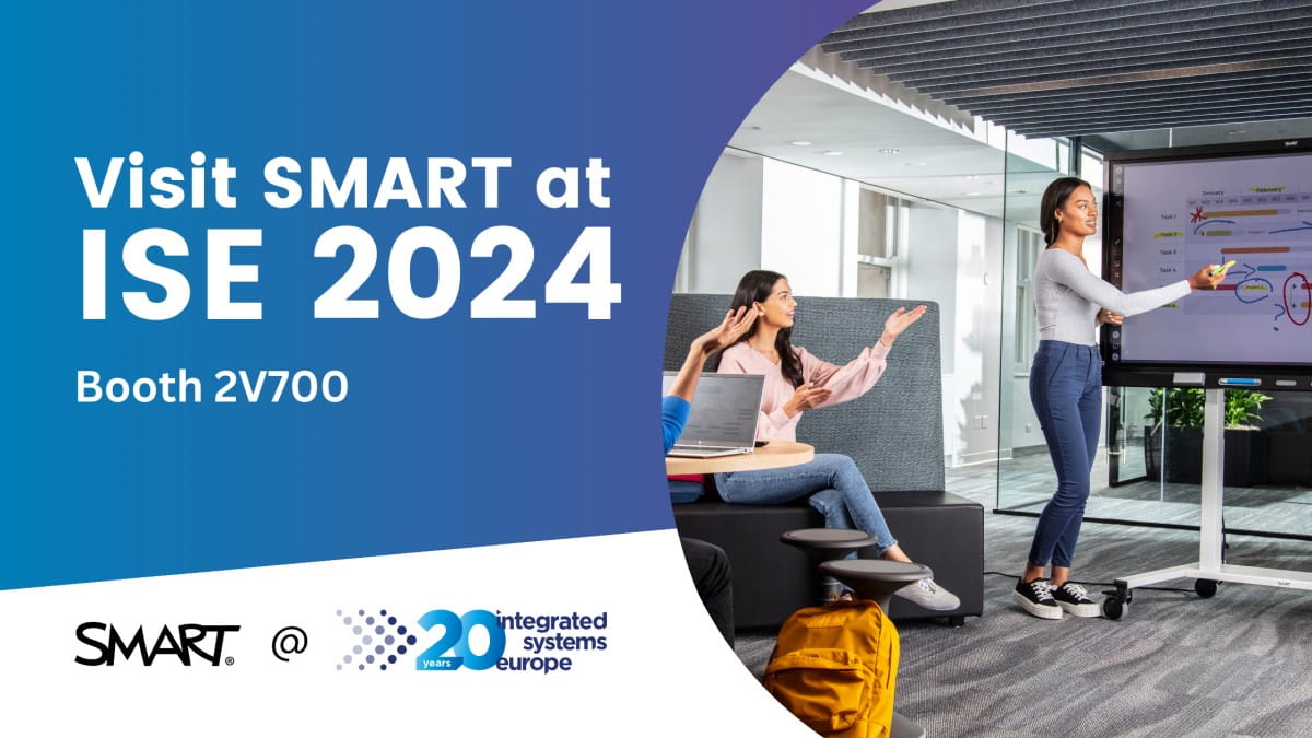 An image of two professionals collaborating around an interactive display, accompanied by the SMART and ISE logos.