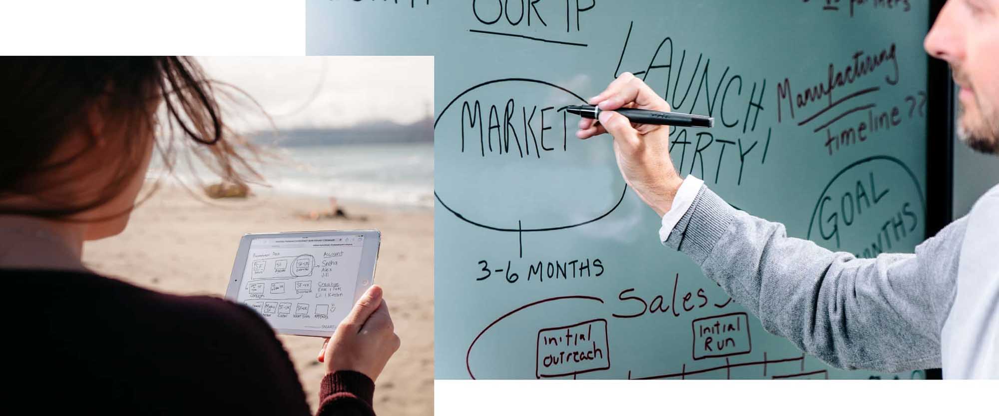 A team engaging in a creative brainstorming session using SMART Meeting Pro, with one person using a SMART interactive display and another holding a tablet.