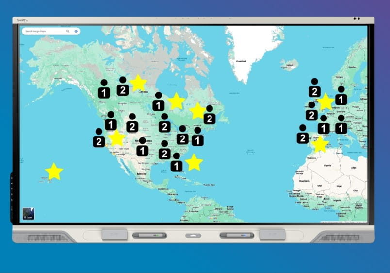 Interactive SMART Board display showcasing a world map application, possibly for activities in elder care.