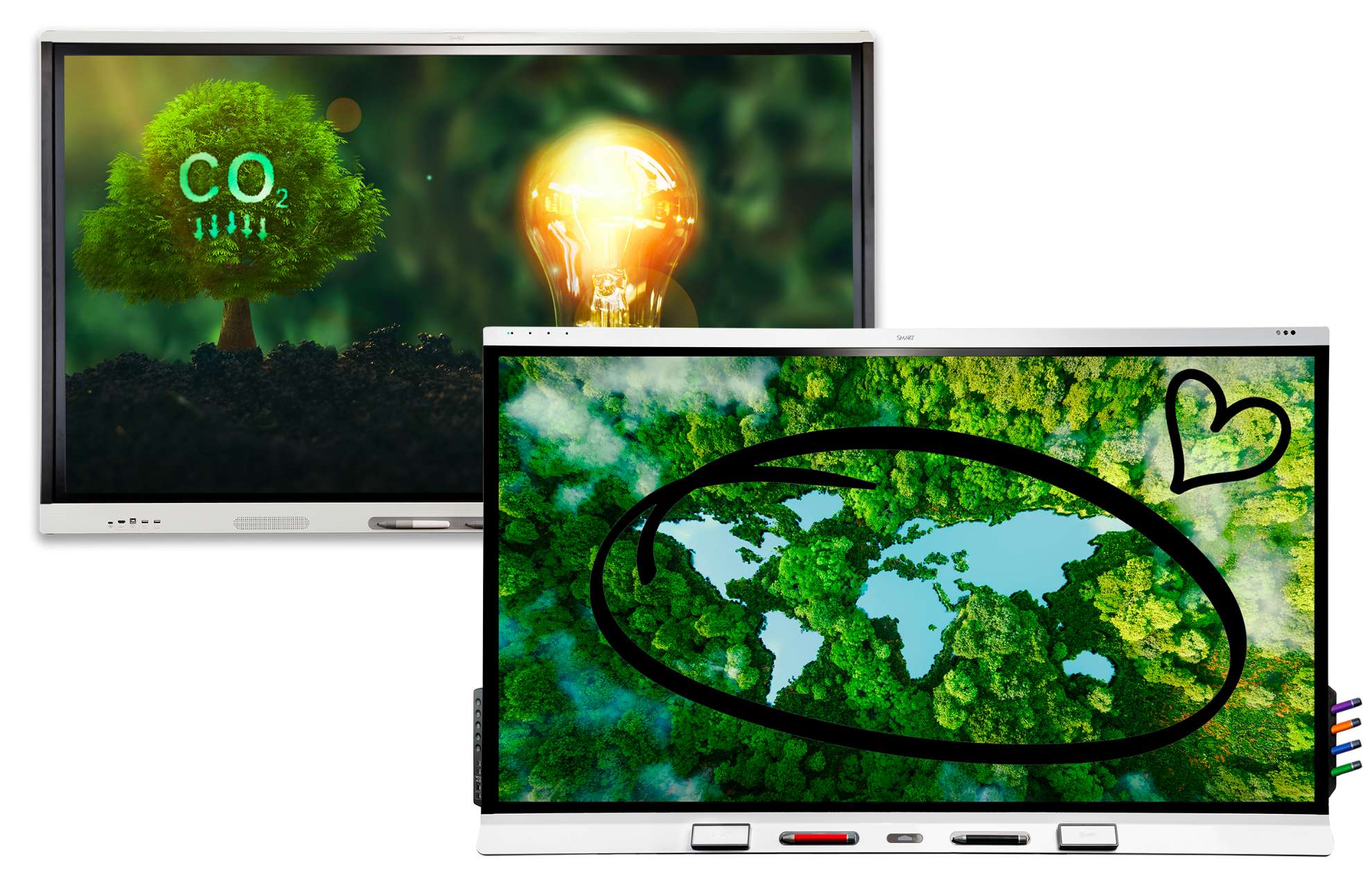 SMART boards demonstrating environmental themes: carbon emissions through a green tree graphic and global love represented by a heart around the Earth.