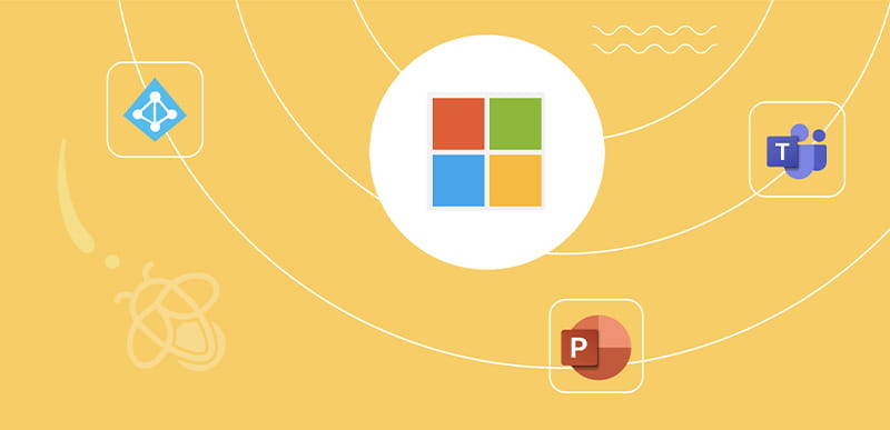 Graphic representing Lumio's compatibility with Microsoft products including Windows, Azure, Teams, and PowerPoint on a vibrant yellow backdrop.
