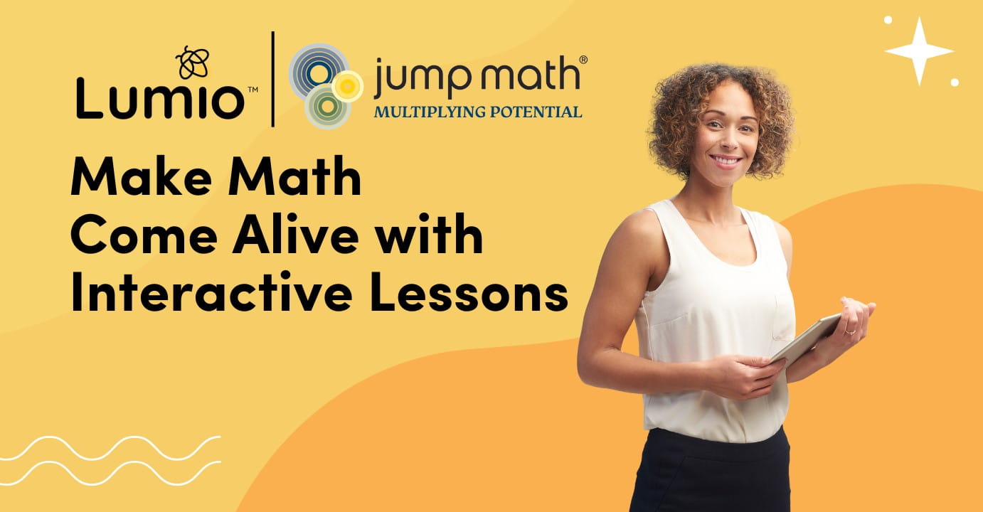 Lumio and JUMP Math partnership promoting interactive math lessons with a smiling teacher holding a tablet.