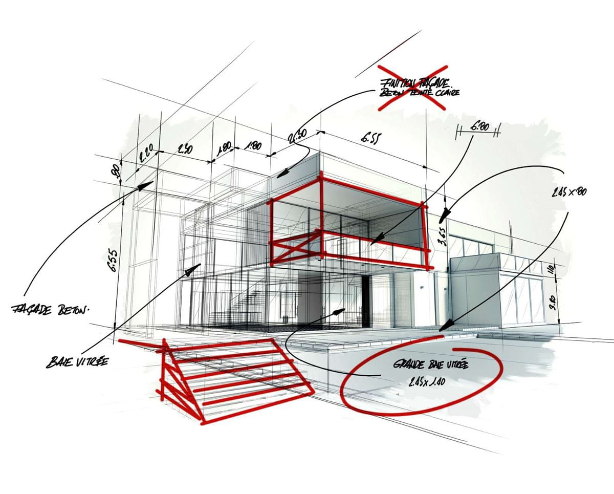 Architectural sketch marked up with SMART Ink, showing detailed annotations on a building design for real-time collaboration.