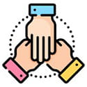 Icon of three different colored hands coming together, symbolizing teamwork, collaboration, and unity.