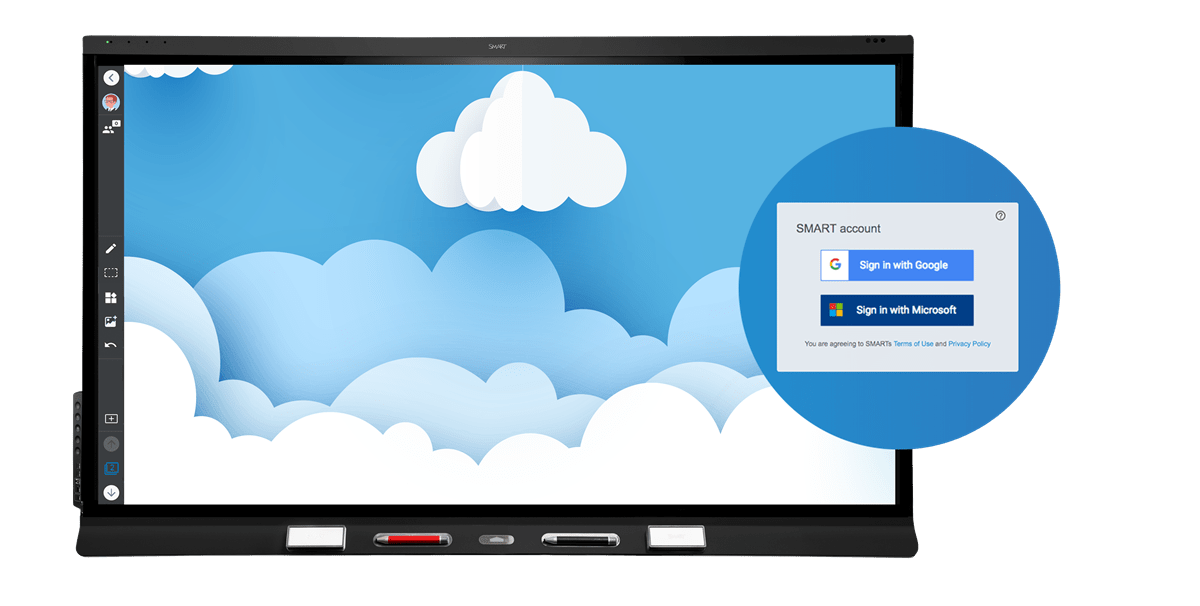 SMART Board interactive display showing cloud login options with a serene cloud background, promoting easy access to personal content from OneDrive and Google Drive.