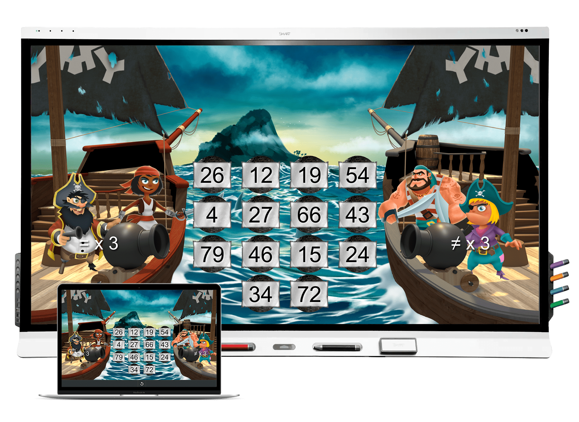 Interactive SMART Board displaying a pirate-themed math game to enhance student engagement.