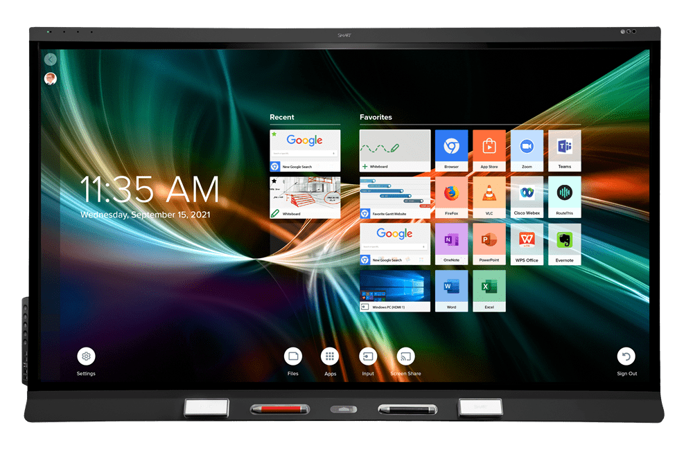 SMART Board 6000S Pro displaying a colorful interface with various apps.