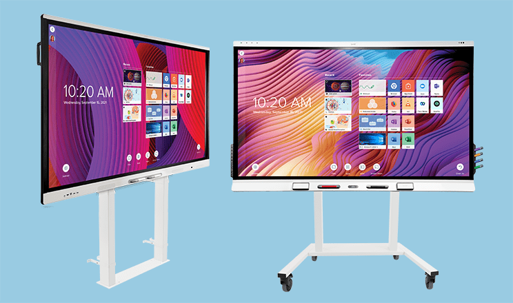 Mobile stands and wall mounts for SMART Boards featuring adjustable height settings.