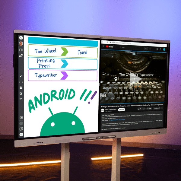A SMART Board featuring split screen mode with a browser open on the right and a whiteboard on the left.