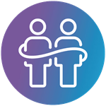 Icon of two figures with a connecting path between them on a gradient blue-purple circular background, symbolizing collaboration or connection.