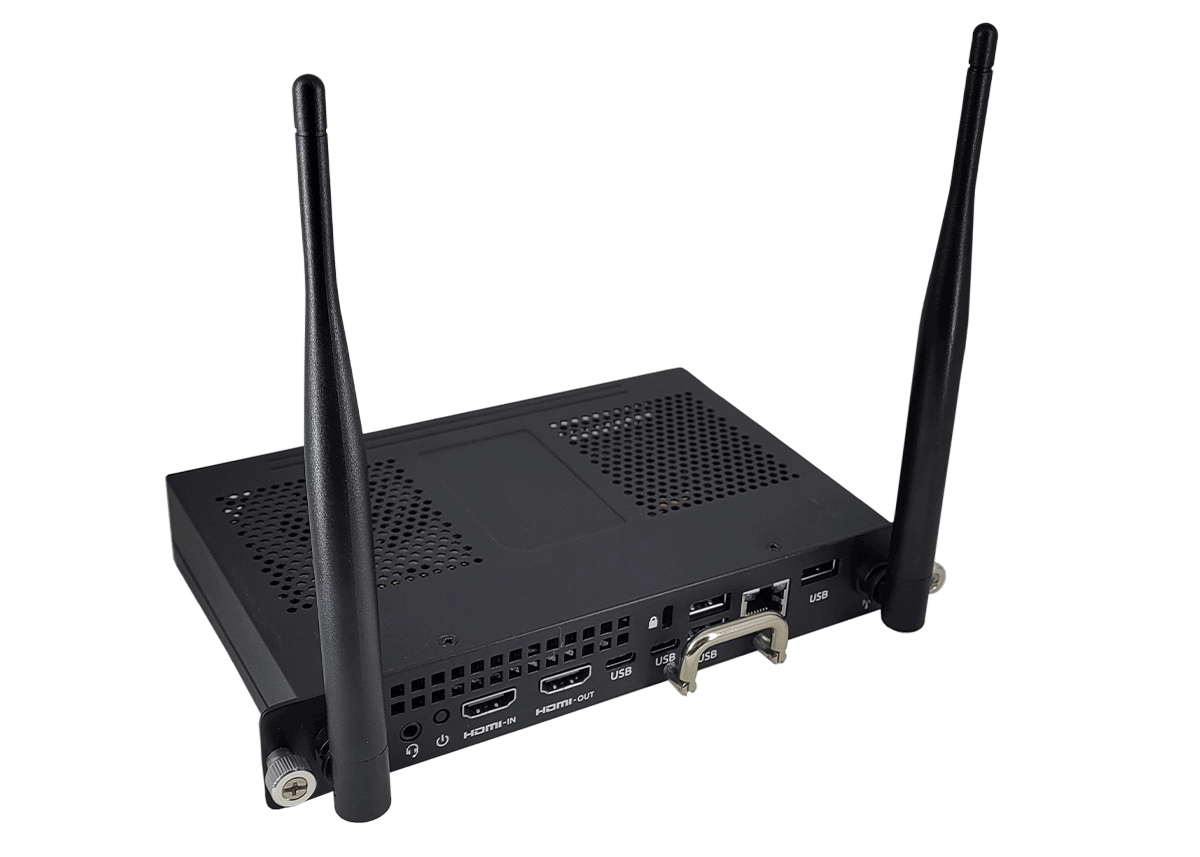 Close-up view of a SMART OPS PC module powered by Windows 11 Pro, designed for seamless integration with SMART Board interactive displays.