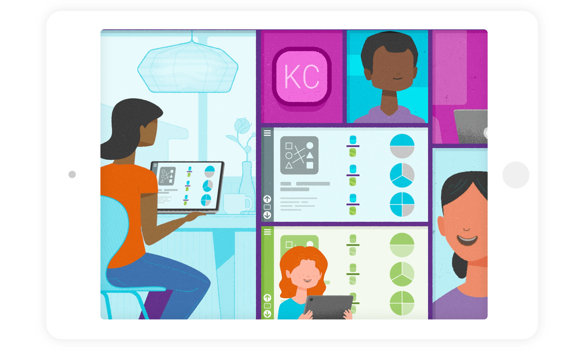 Digital classroom activity with students and teacher engaging through a tablet.