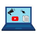Illustration of a laptop displaying a video play button, megaphone, and document symbolizing digital media and content promotion.