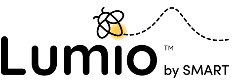 Logo of Lumio by SMART with a graphic of a stylized, abstract firefly above the brand name, symbolizing interactive and dynamic learning.