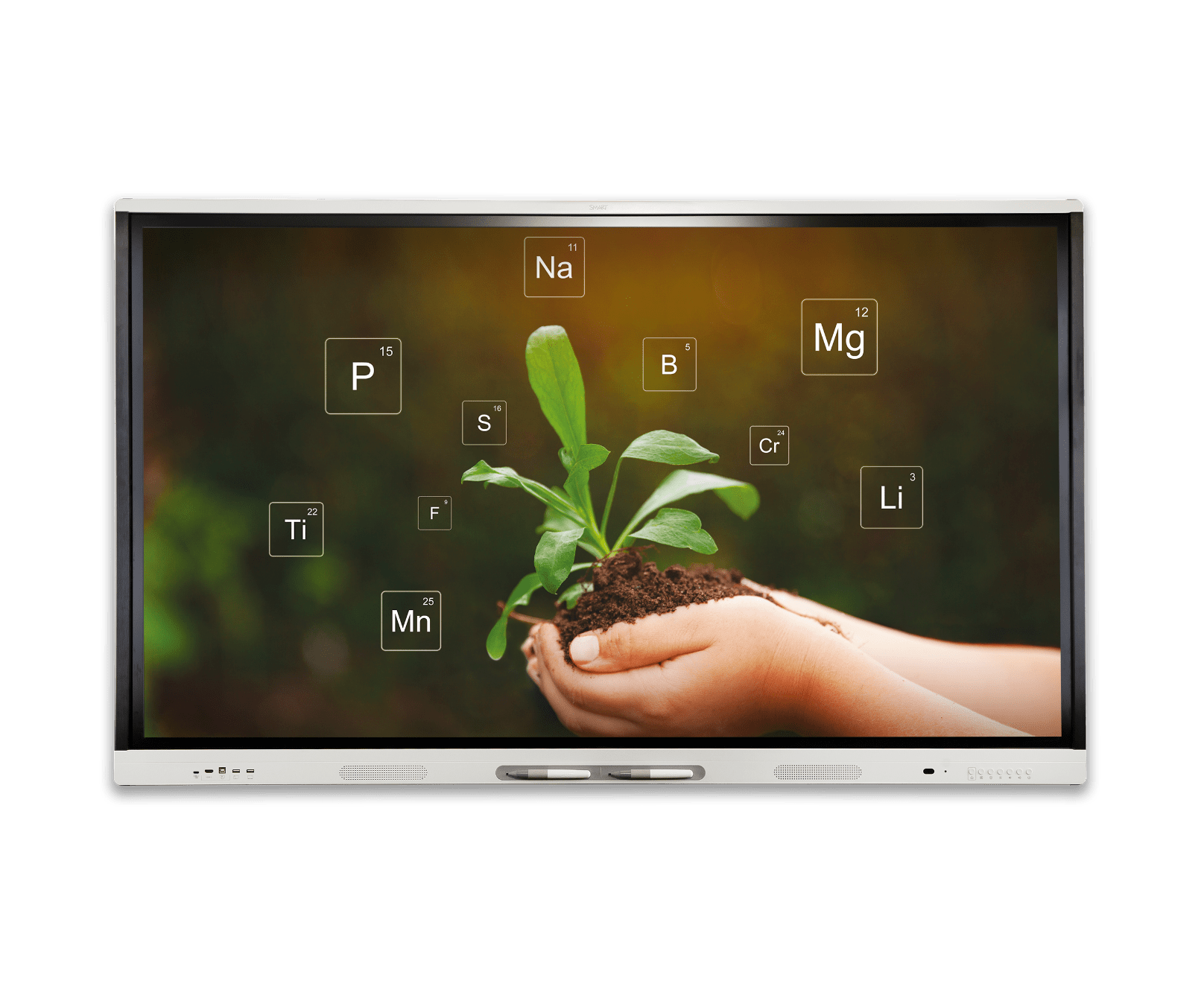 Educational display on a SMART board featuring a hand holding a young plant surrounded by chemical element symbols.