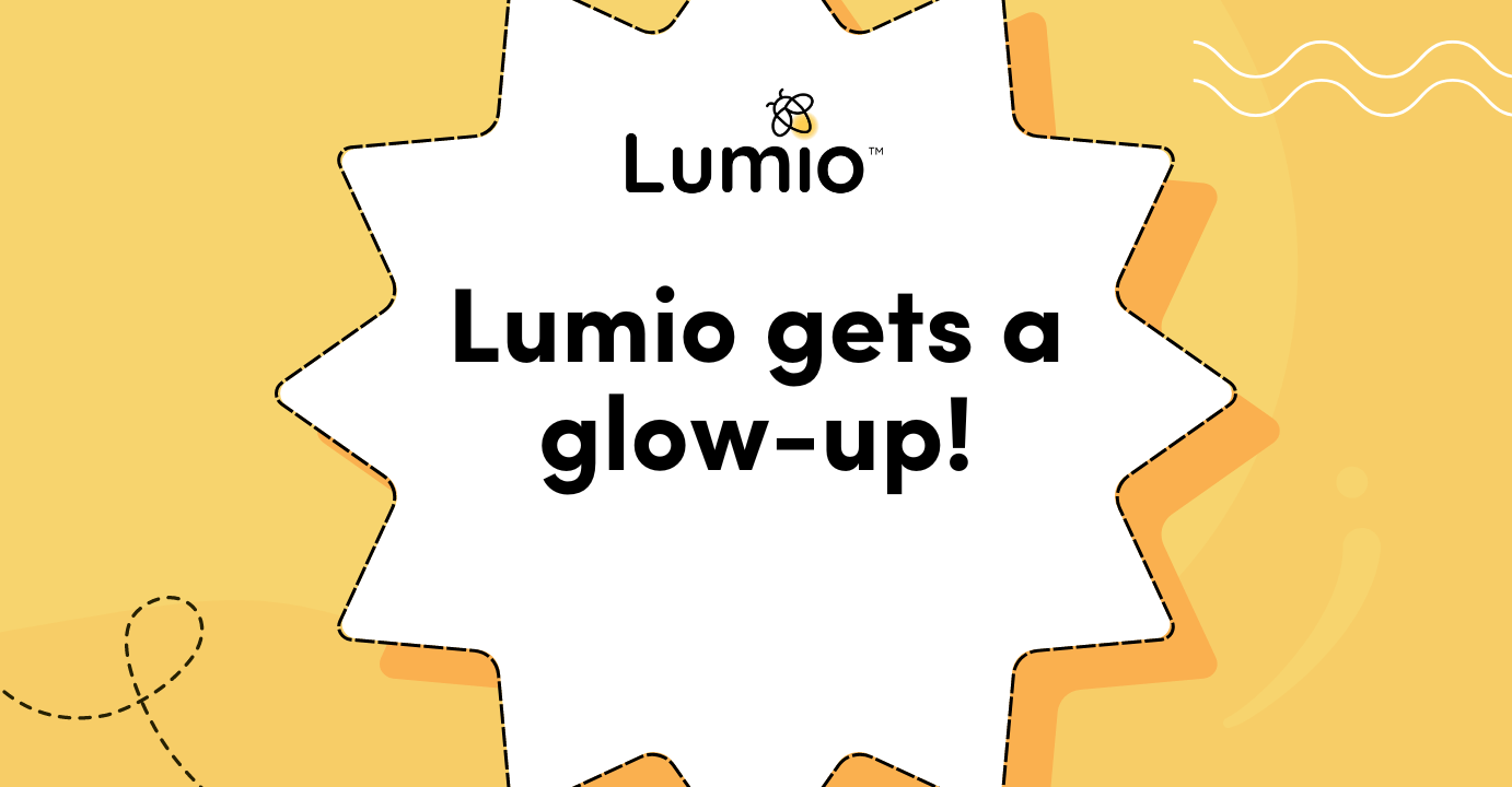 Lumio promotional graphic with a bold starburst effect and the message 'Lumio gets a glow-up!' on a yellow backdrop.