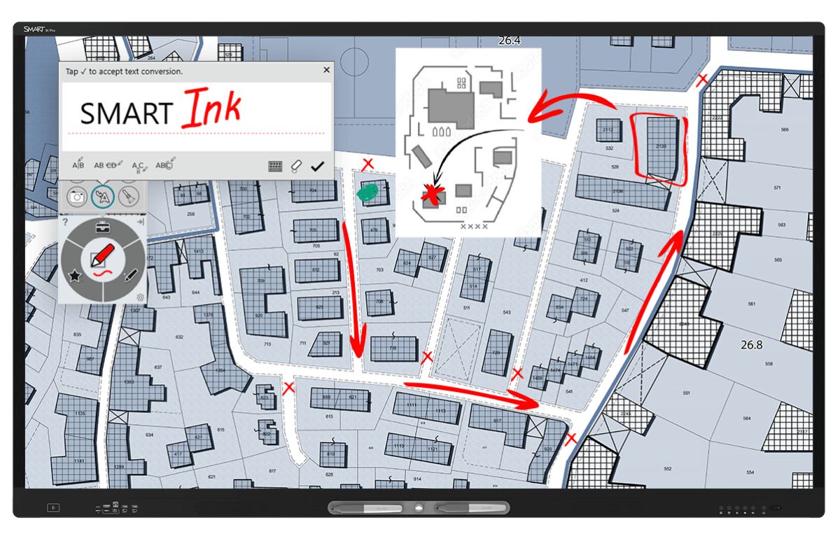Professionals utilizing SMART Ink to annotate strategic locations on a detailed city map displayed on the M Pro High secure series TAA interactive display.
