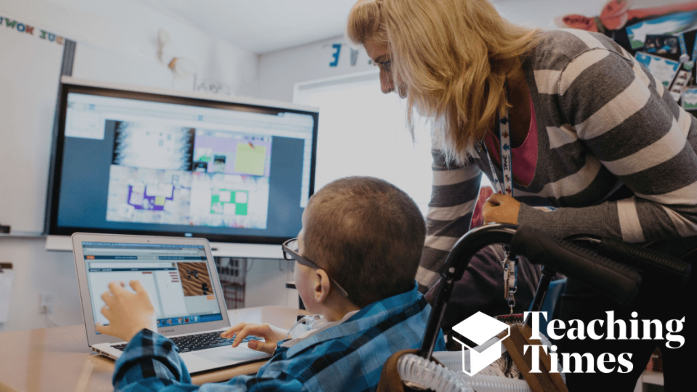 A teacher helping a student with accommodations code on his student device.