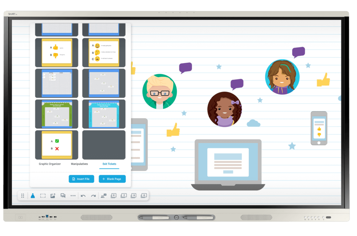An interactive SMART Board display shows an educational software interface with cartoon avatars, offering a variety of student engagement tools like quizzes and opinion polls.