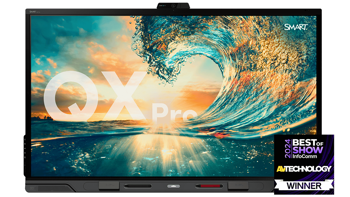 SMART QX Pro interactive display with an ocean wave background and InfoComm 2024 Best of Show Award Winner badge.
